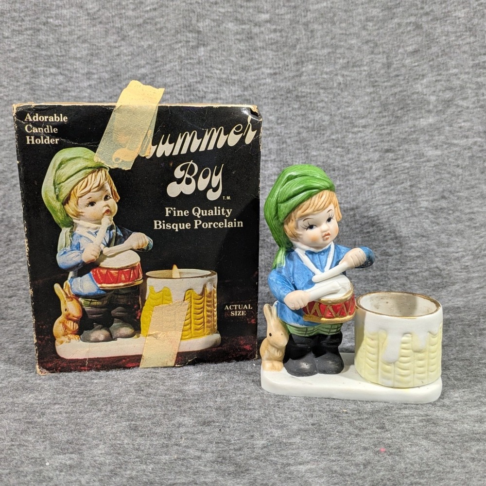 Vintage 1978 JASCO Christmas Luvkins Drummer Boy Bisque Porcelain Candle Holder